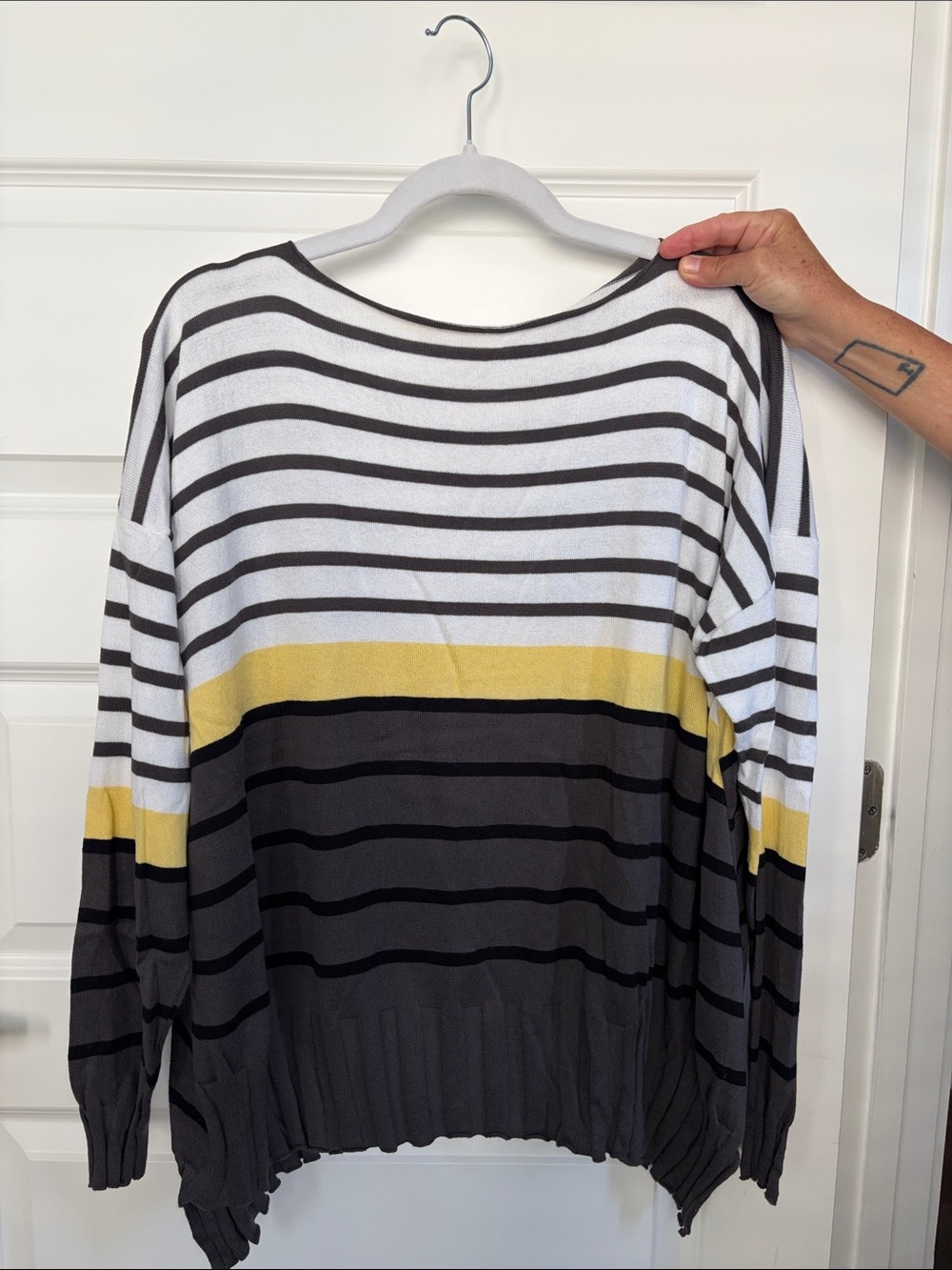 Planet Striped Knit Sweater in White, Yellow & Charcoal